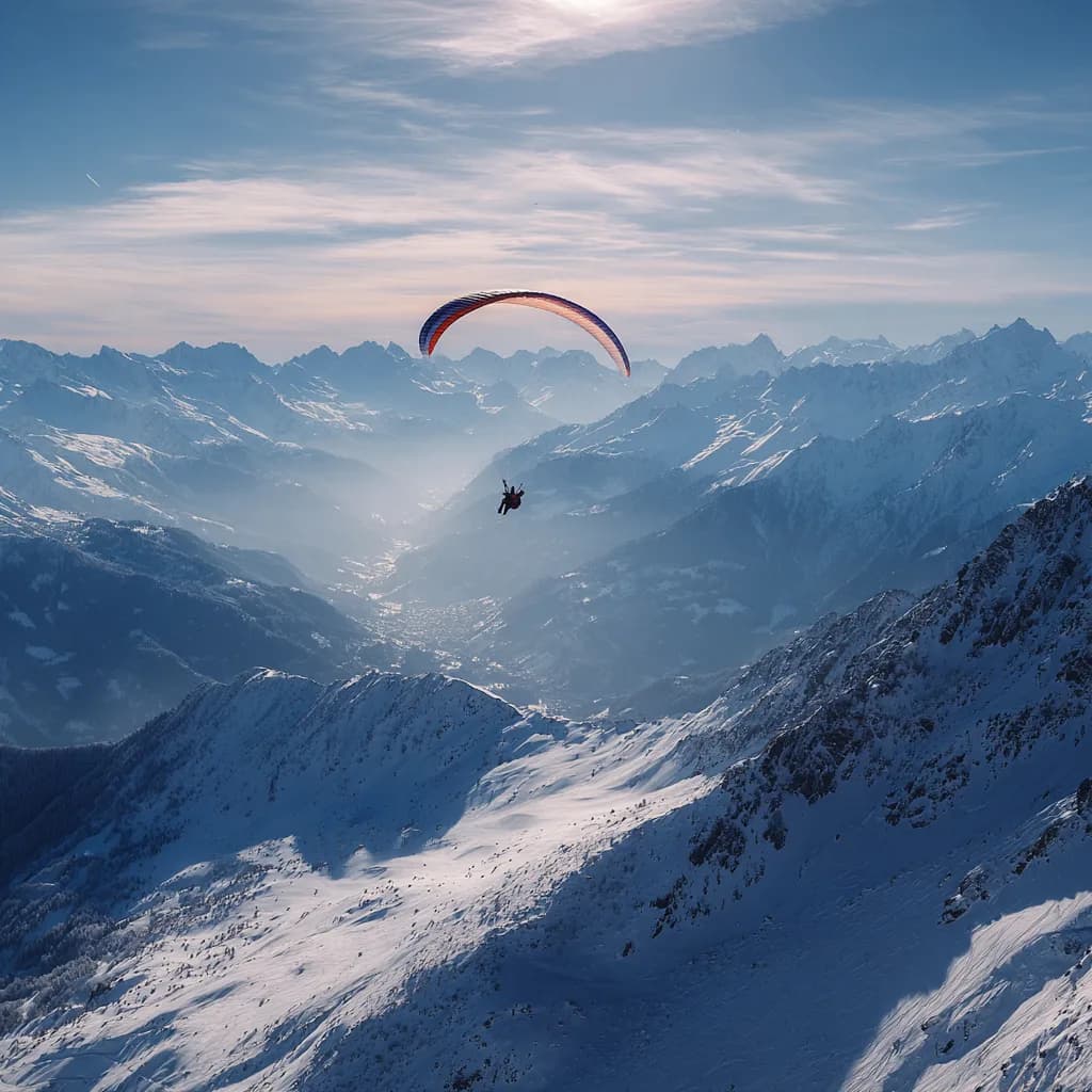 Parapente en hiver — vue sur les Alpes valaisannes depuis Arolla