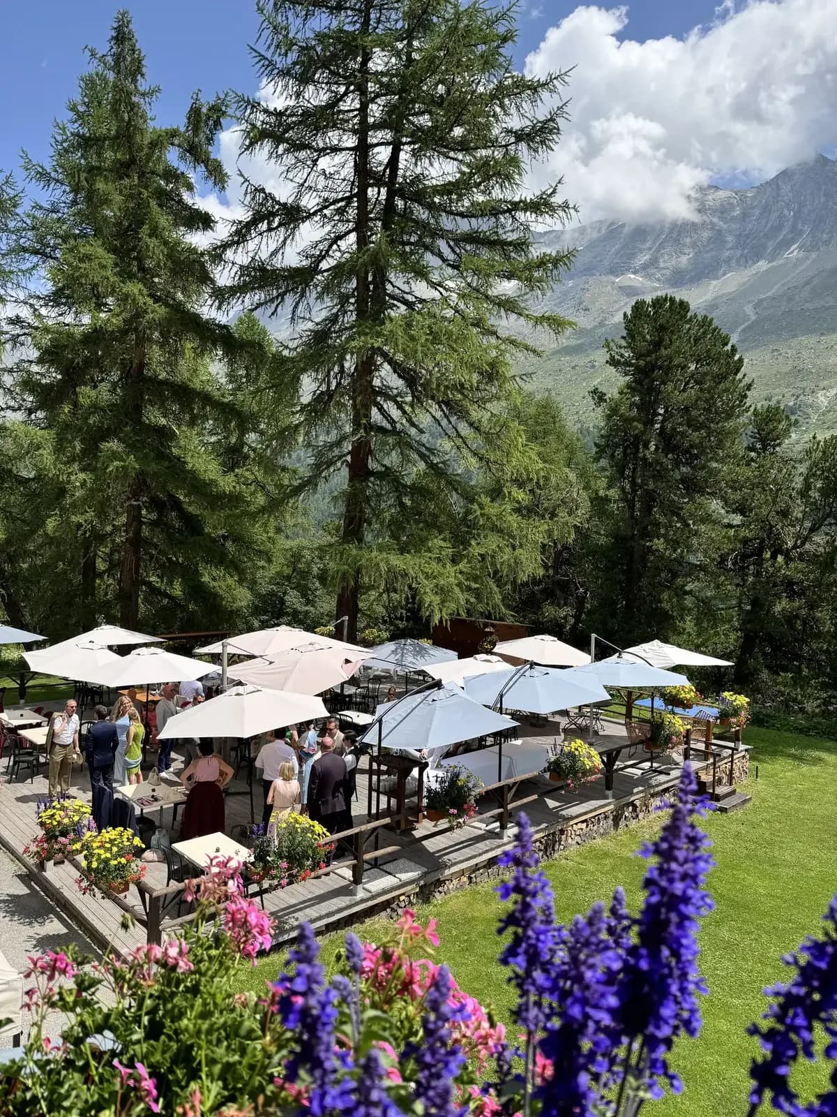La terrasse du Jardin des Arolles en été, sous les mélèzes — Grand Hôtel & Kurhaus Arolla