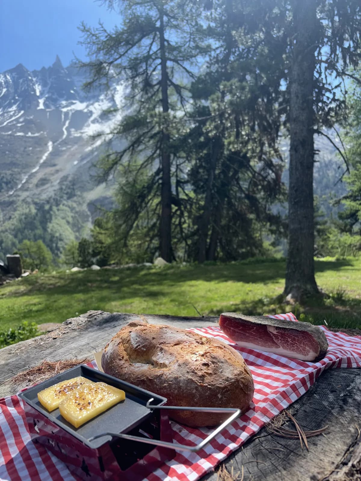 Kit raclonnette dressé sur une souche, fromage fondu et viande séchée face aux glaciers — Arolla